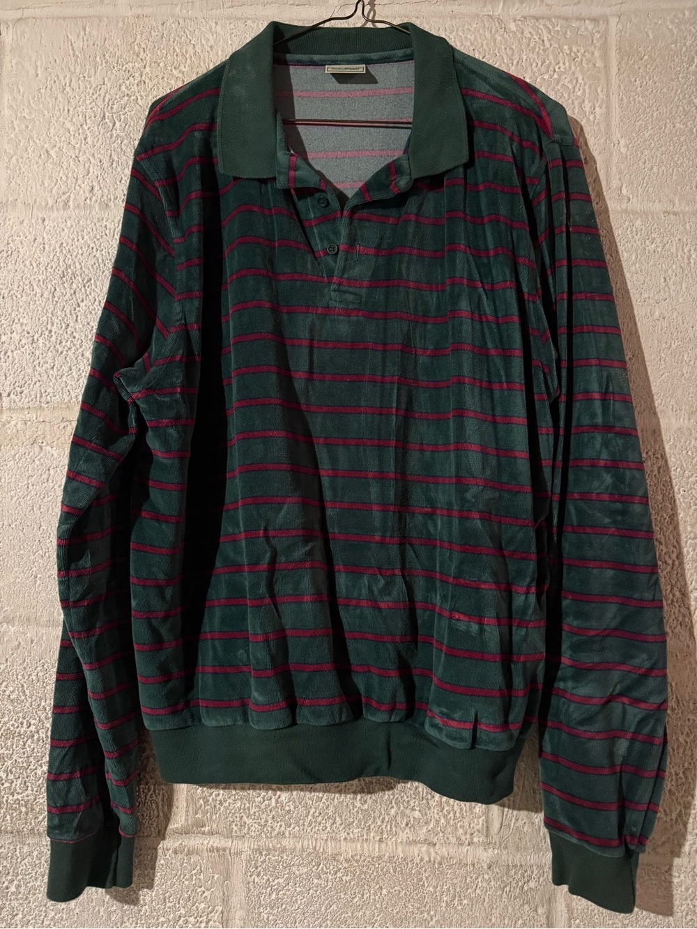 L.L. Bean 80s Dark Green velour Long-Sleeve Polo with Red Stripes